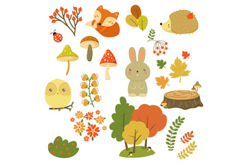 Fototapeta premium Autumn forest elements set, forest animals, leaves, flowers, berries and mushrooms cartoon vector Illustrations on a white background