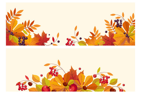 Thanksgiving background with space for text, horizontal banners with autumn leaves and berries vector Illustration