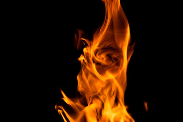 Fototapeta premium Fire isolated on black background. Isolated flame. Bright orange fire. Burning flame. Flames background. Fiery orange texture. Close up fire energy and motion.