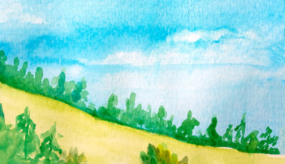Fototapeta premium Landscape of blue sky and mountain with forest, yellow field of wheat. Watercolor. For templates, copy space.