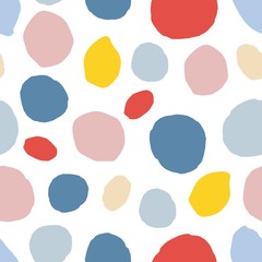 Abstract naadloos patroon met kleurrijke cirkelelementen op witte achtergrond.
