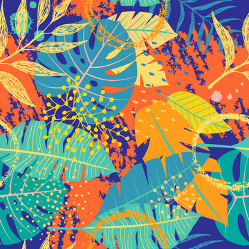 Seamless Pattern with Tropical Leaves and Textures
