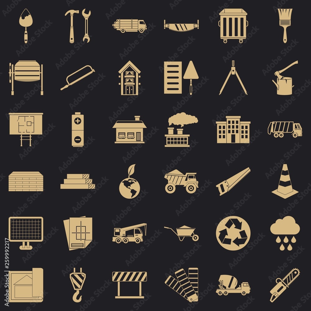 Poster construction material icons set. simple style of 36 construction material vector icons for web for a
