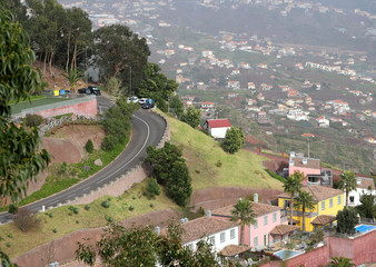 Panorama from high point on Funchal city of Madeira island. Cropped shot, top view, free space for...