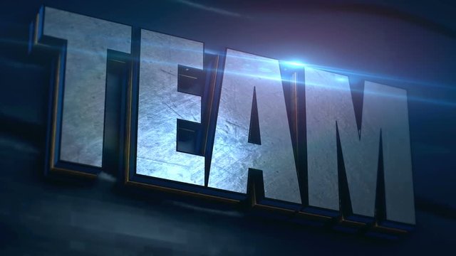 3D text team from metal texture on blue background with blue lens flare. Teamwork, business concept