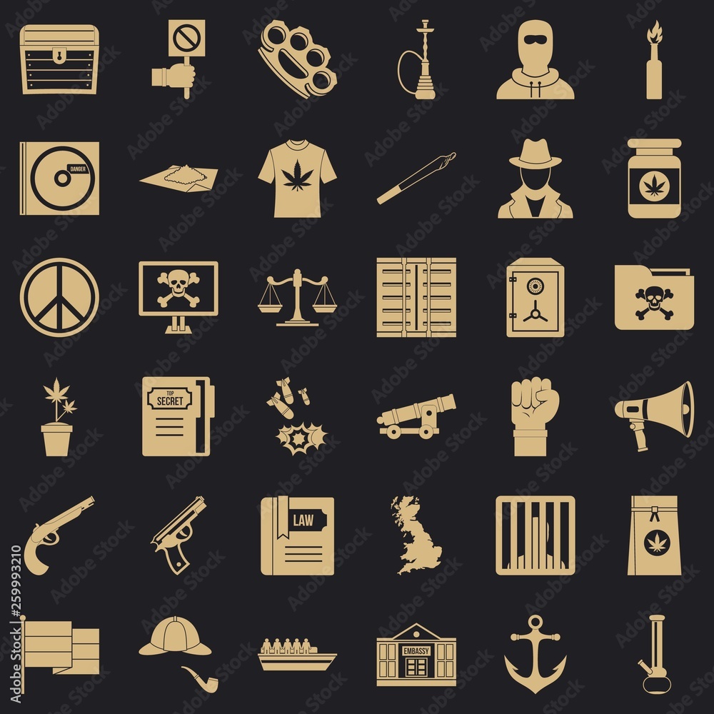 Poster danger crime icons set. simple style of 36 danger crime vector icons for web for any design