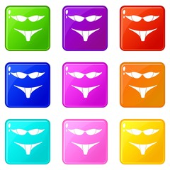 Retro bikini icons set 9 color collection isolated on white for any design