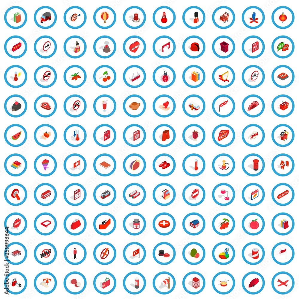Poster 100 red icons set in isometric 3d style for any design vector illustration