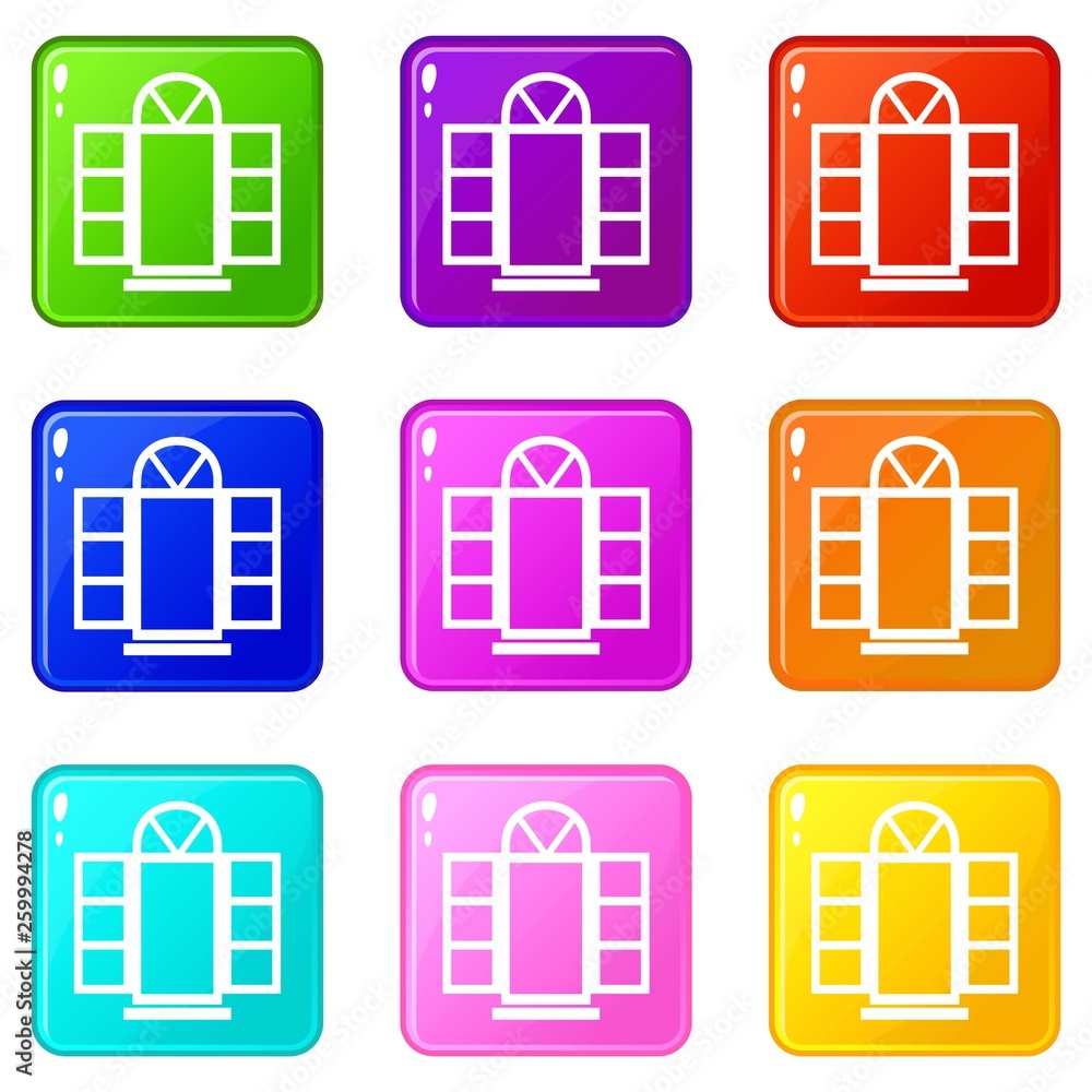 Poster open narrow window frame icons set 9 color collection isolated on white for any design