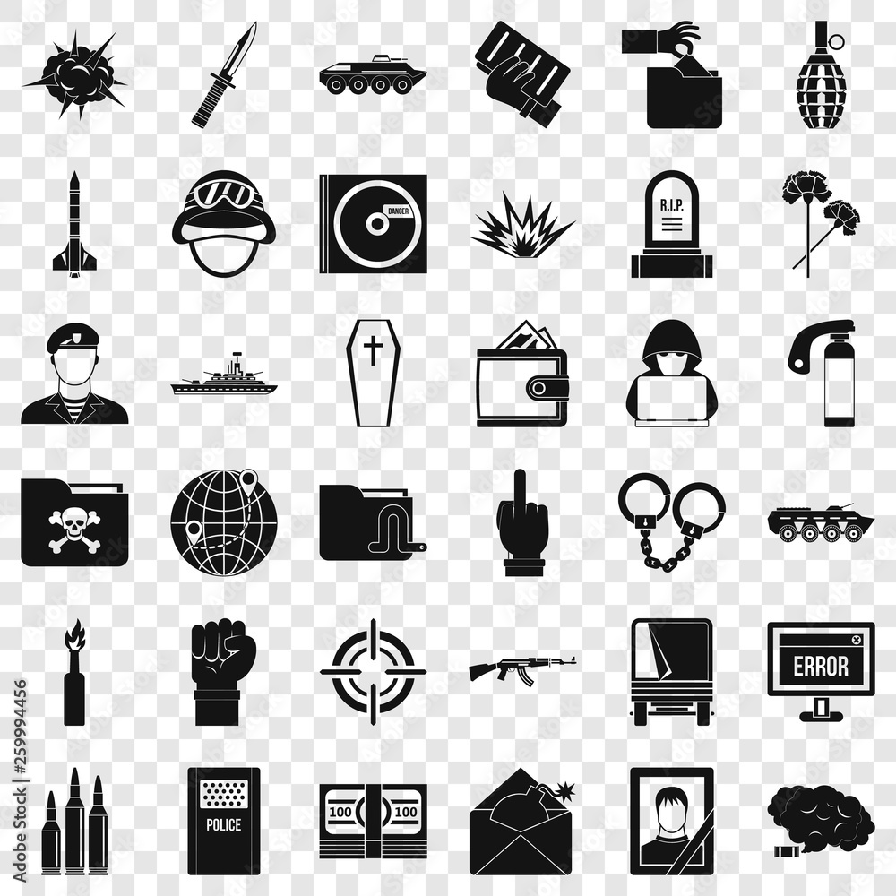 Poster bad war icons set. simple style of 36 bad war vector icons for web for any design