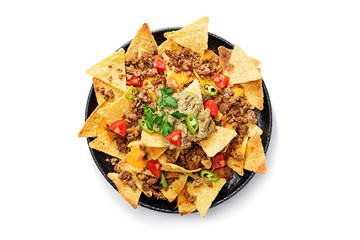 Corn chips nachos with fried minced meat and guacamole isolated on white background. - obrazy, fototapety, plakaty