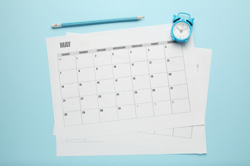 Business calendar, pencil and clock. Date reminder, office schedule.