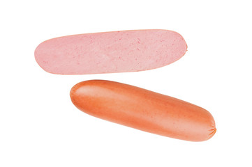 One whole and slice of yummy sausage isolated on white background without shadow