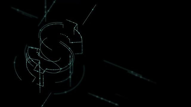 Currency USD (United States Dollars) isometric symbol particle line lighting frame structure pattern wireframe futuristic, Digital money cryptocurrency concept on black background animation 4K