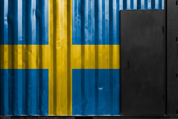 Sweden country flag on a metal container with a black door