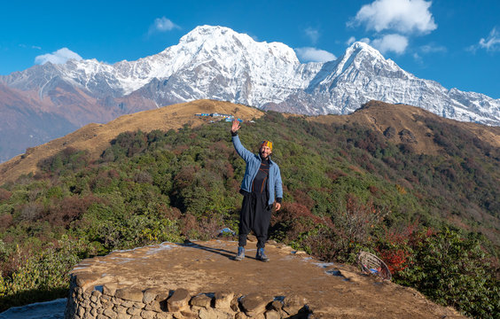 Hiker Explore the Badal Danda rest area near the Mountain of Machapuchare and Annapurna south. A Mountain range Mardi Himal in the Annapurna Himalayas of north central Nepal