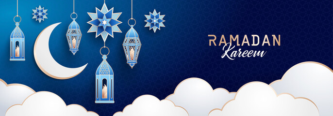 Ramadan Kareem concept horizontal banner with islamic geometric patterns. Arabesque, traditional lanterns, crescent, stars and clouds on dark blue night sky background. Vector illustration.