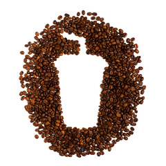 Roasted coffee beans on white background. Space for text in the shape of a coffee plastic Cup