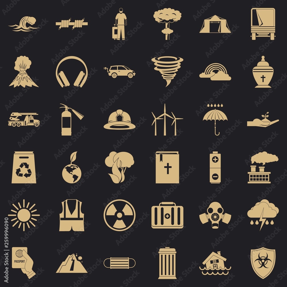 Poster danger disaster icons set. simple style of 36 danger disaster vector icons for web for any design
