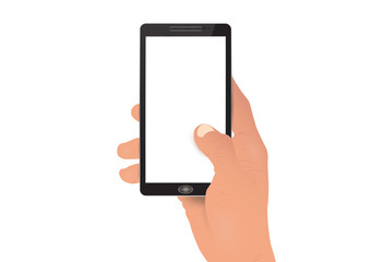 Hand holding white screen smartphone mobile phone vector illustration