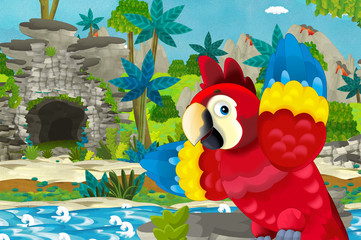 cartoon scene with happy and funny parrot in the tropical jungle - illustration for children