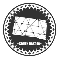 Image relative to USA travel. South Dakota state map textured by lines and dots pattern. Stamp in the shape of a circle