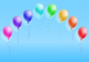 Vector realistic helium colorfull rainbow balloons on blue background. Perfect for greeting card, invitation, offer, poster. Free space for the text. Three-dimensional illustration. Eps 10.