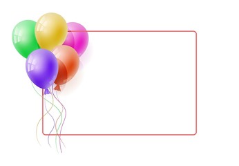 Vector realistic bunch of colorfull helium balloons on white background. Concept for greeting card, invitation, poster, offer. Frame for the text. Three-dimensional illustration. Eps 10.