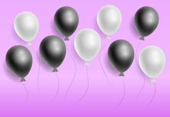 Vector realistic white and black helium balloons on violet background. Taamplate for greeting card. Three-dimensional illustration. Eps 10.