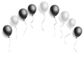 Vector realistic arch from white and black helium balloons. Free space for the text. Three-dimensional illustration. Eps 10.