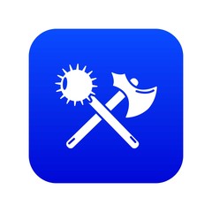 Medieval axe and mace icon blue vector isolated on white background