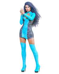 3D beautiful tall woman leather mini dress long boots.Suede,chamois,deerskin,shammy.Girl studio photography.High heel.Conceptual fashion art.Seductive candid pose.Realistic render illustration.