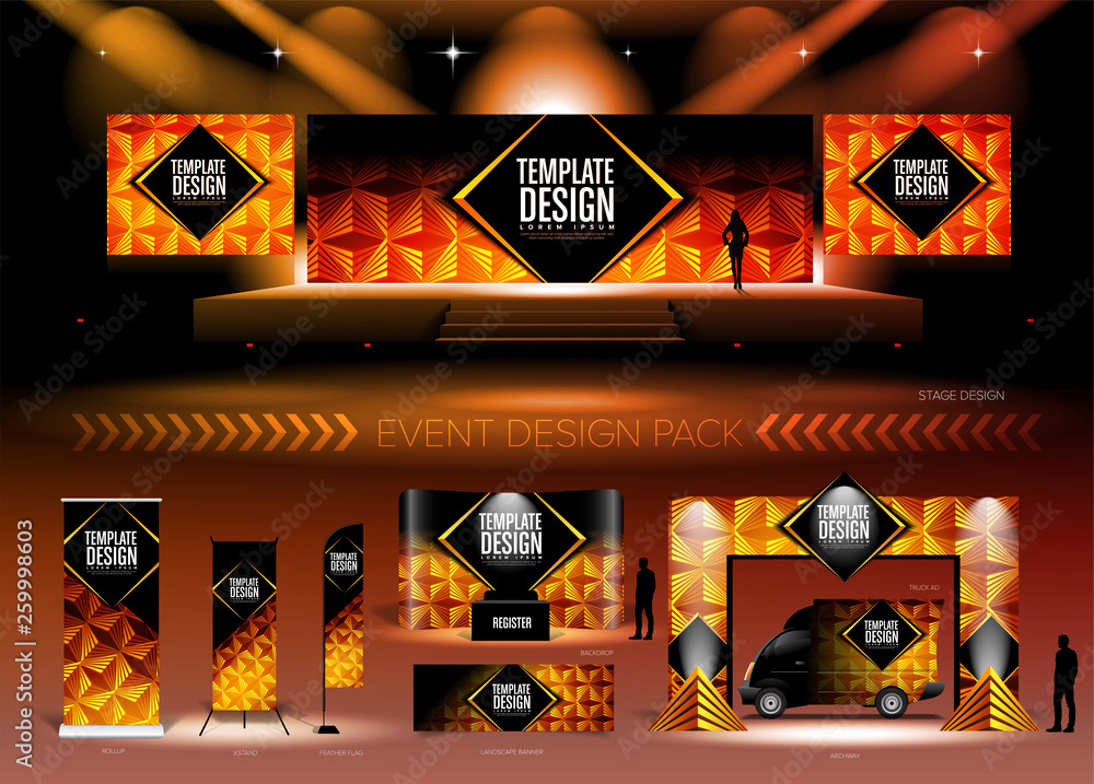 Poster a pack of 3d event design medias in vector format, with a sample of graphic template in rgb color. i