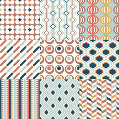 Set of colorful mid century geometric seamless patterns for interior design. Vector backgrounds collection