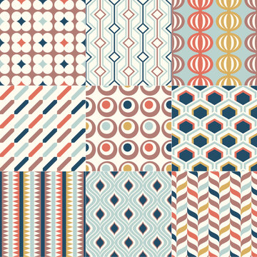 Fototapeta Set of colorful mid century geometric seamless patterns for interior design. Vector backgrounds collection