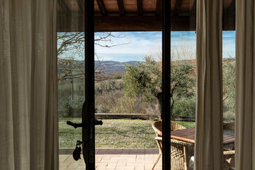Terrace view from a rural touristic farmhouse in Tuscany, Italy