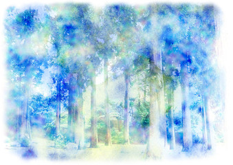 青い森の風景画　水彩イラスト