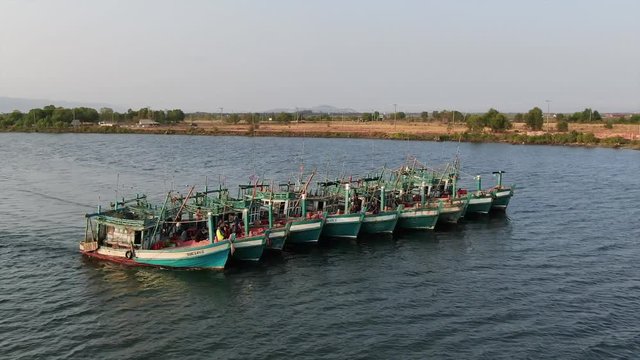 Aerial view of group of fishing boats traveling together down a tropical estuary in Asia towards the sea at sunset. Tropical palms and foliage can be seen in background