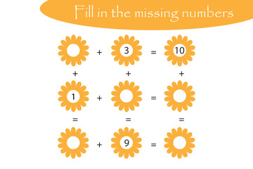 Mathematics game with flowers for children, fill in the missing numbers, easy level, education game for kids, school worksheet activity, task for development of logical thinking, vector illustration