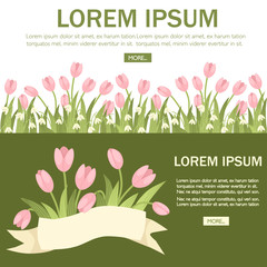 Spring decorative bouquet of pink tulip and galantus with beige ribbon. Green flower pattern, grass. Flat vector illustration on white background. Place for text, web site page and mobile app design