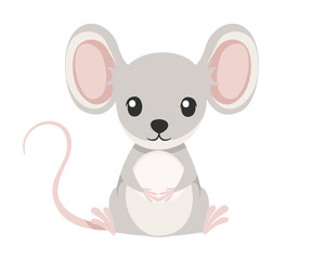 Cute little gray mouse sit on floor. Cartoon animal character design. Flat vector illustration isolated on white background