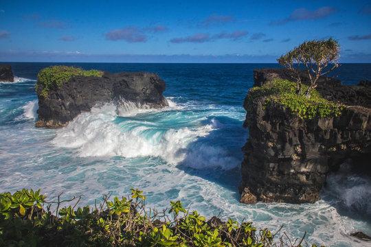 Samoa Coastal Lava Cliff Walk with sea and waves on Upolu island