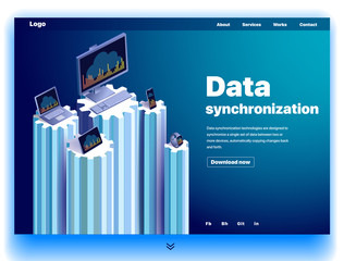Website providing the service of data synchronization. Concept of a landing page for data sync. Vector website template with 3d isometric illustration of synchronization of different devices
