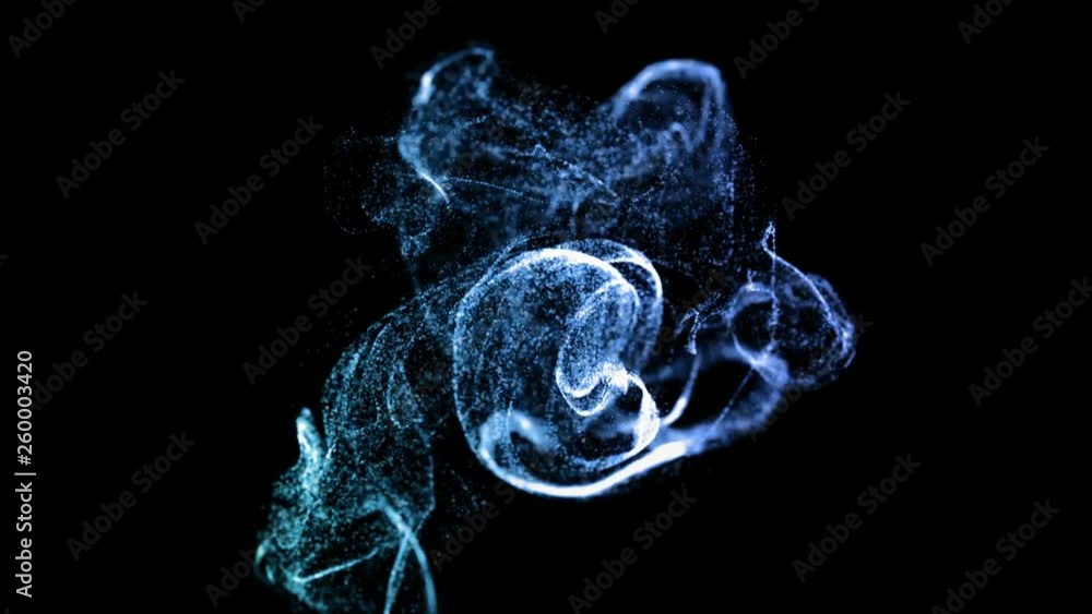 Poster 4k glow particles move in a stream of liquid in front of the camera in slow motion. 3d ink effect fo