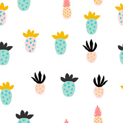 Different abstract pineapples. Creative trendy seamless pattern with pineapples. Hand drawn vector illustration in pastel colors - blue,pink, yellow