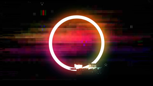 Glitch, neon circle colored with transmission problem, grain, errors and distortions