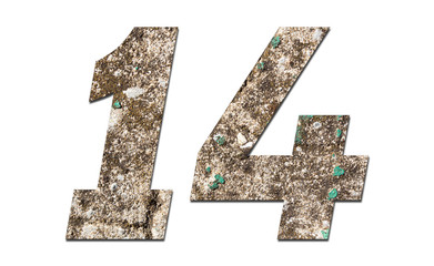 Obraz premium Number 14 with old wall on white background,Stone Number