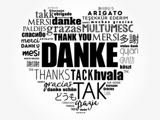 Danke (Thank You in German) Love Heart Word Cloud in different languages
