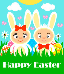 Happy Easter background with kids in white rabbits costume