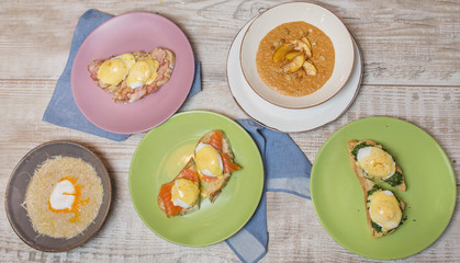 Healthy sandwiches with vegetables and eggs, croutons with salmon eggs, banedikt eggs and bechamel sauce, croutons with bacon and red beans, porridge garbuza, oatmeal porridge with egg in the mess